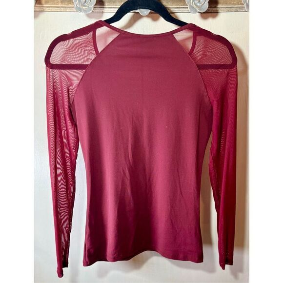 BeBe Maroon Sheer Sleeved 3/4 Zip Top S: S - Picture 2 of 4